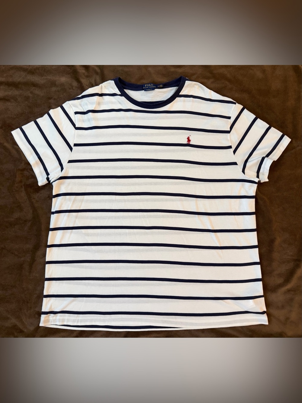 Men’s Polo by Ralph Lauren White & Navy Striped Short Sleeve Tee with Red Pony